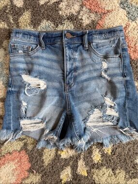BKE Parker Blue Factory Distressed Denim Jean Shorts with Frayed Hem